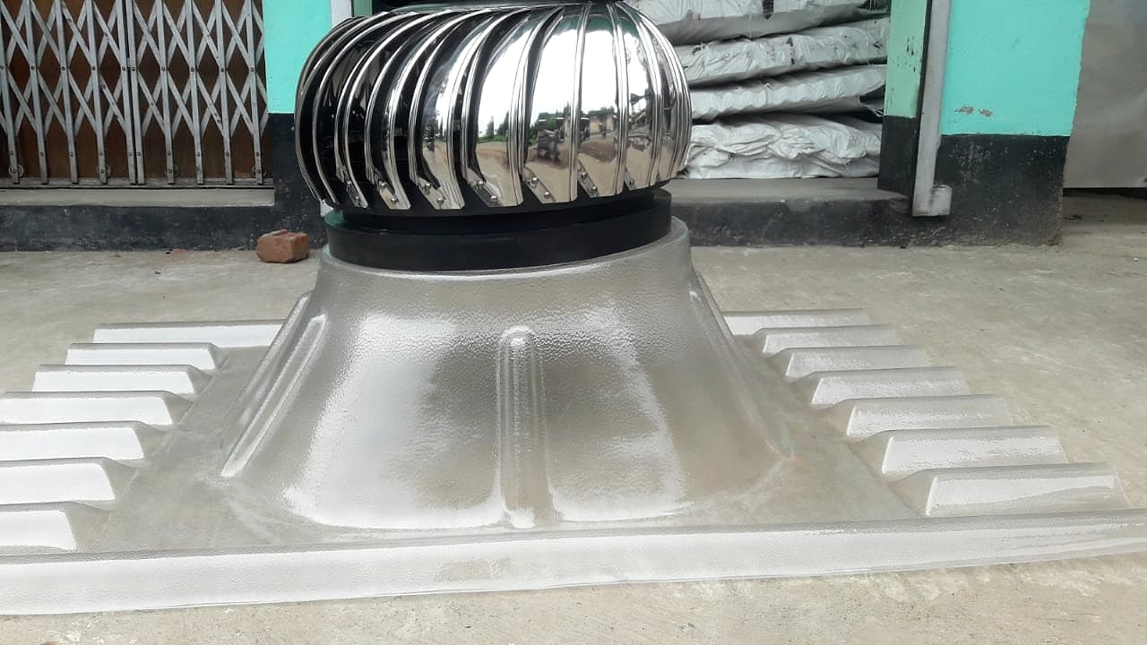Polished stainless steel turbo air ventilator mounted on an FRP base